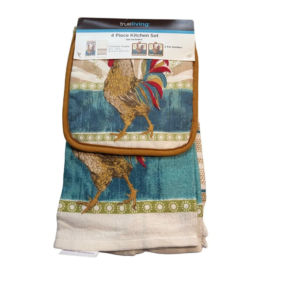 True Living 4 piece potholder and towel kitchen set with Roosters - Picture 1 of 6